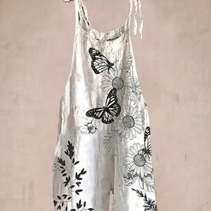 Floral & Butterfly Print Tied Strap Overall Jumpsuit